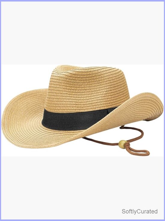 Accessories - Foldable Wide Brim Straw Cowboy Hat with Drawstring Sun Protection